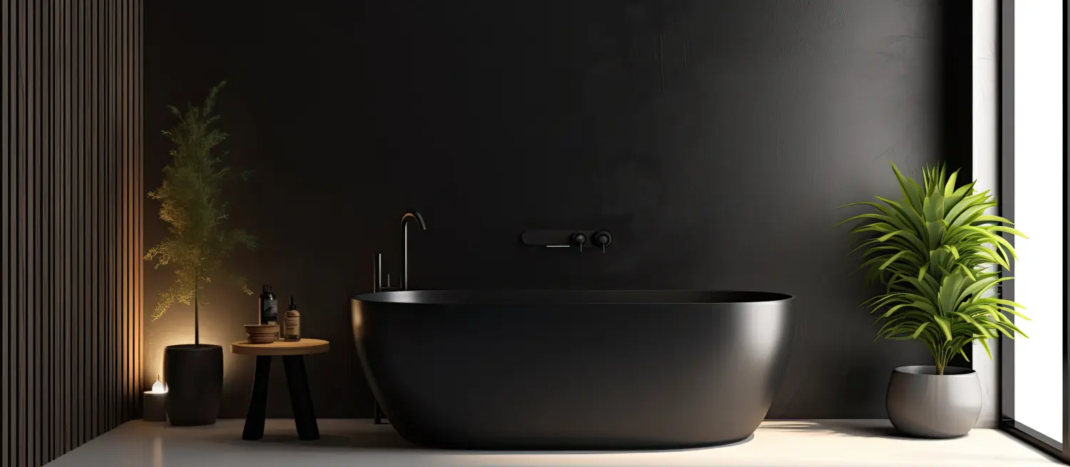 Ein Badezimmer mit schwarzen Wänden und einer schwarzen Badewanne, kontrastiert mit einem Holzfußboden. 